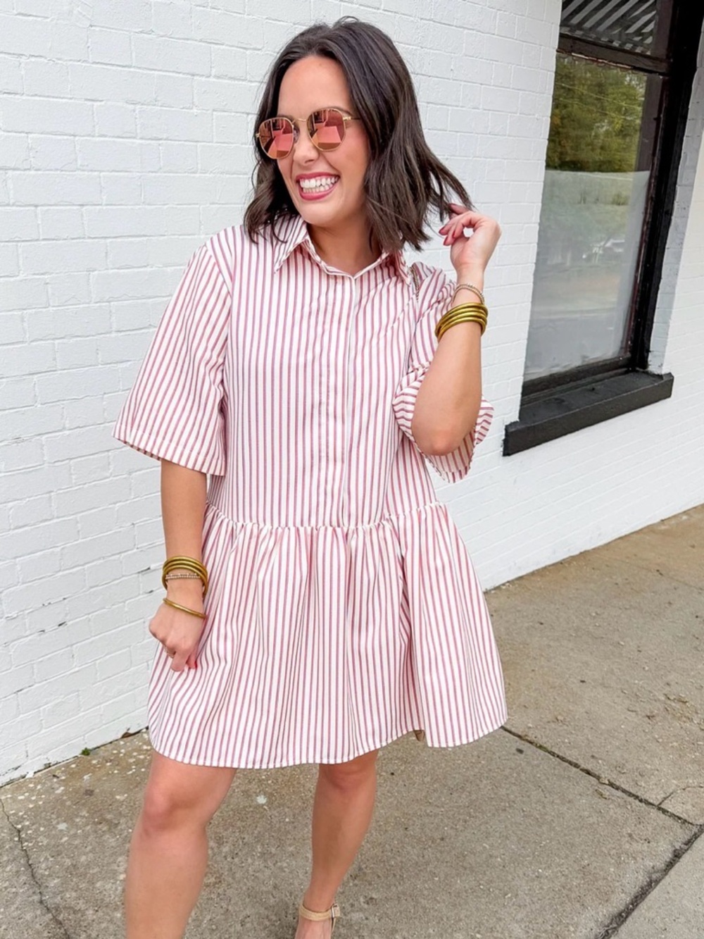 A362. Vertical Striped Pink, Purple and White Button-Front Babydoll Dress